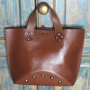 Unique CELINE Cognac Leather Handbag Brass Studs Embossed Logo Beautiful!